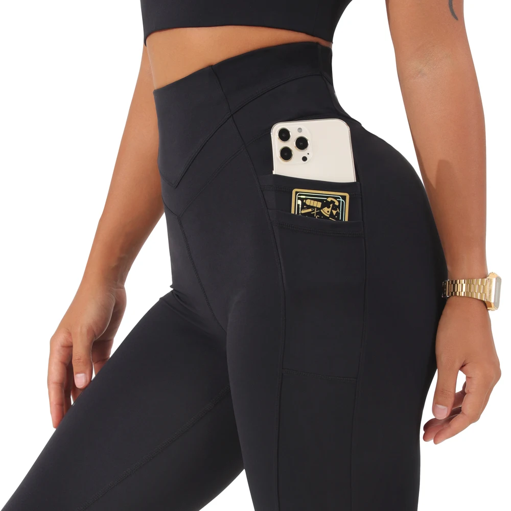 Custom Design Yoga Pant Workout Tights Plus Size Running Gym Wear  V Line Waist Women Black Yoga Leggings with Phone Pockets