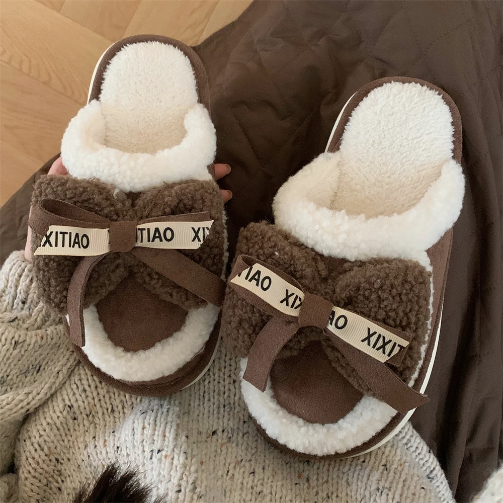 XIXITIAO модные зимние меховые плюшевые тапочки пижамные с бантом милые женские домашние для спальни