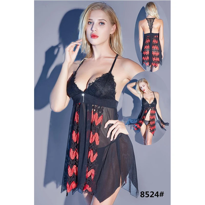 Sexy lingerie ladies perspective sexy strap lace nightdress suit