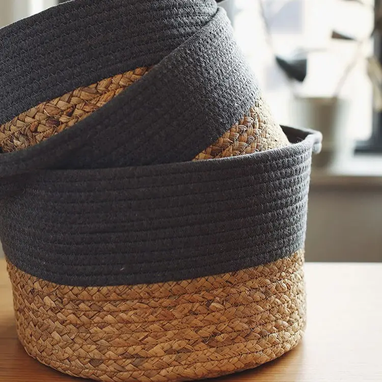 Brown Organic  Collapsible  Water Hyacinth Laundry Basket Straw Handwoven Storage Baskets rope woven storage basket