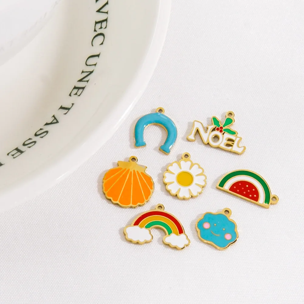 Stainless steel Enamel Drip Oil Watermelon Rainbow Pendant Colorful Flower Smile Cloud U Noel Christmas Charms DIY Gift