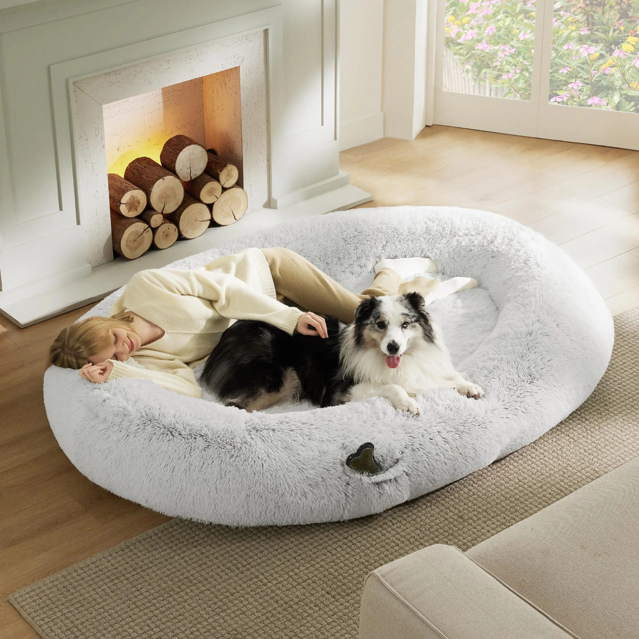 Giant Faux Fur Orthopedic Dog Bean Bed Memory Foam Human Dog Bed for Adults People Fits Pet Families with Storage Pocket