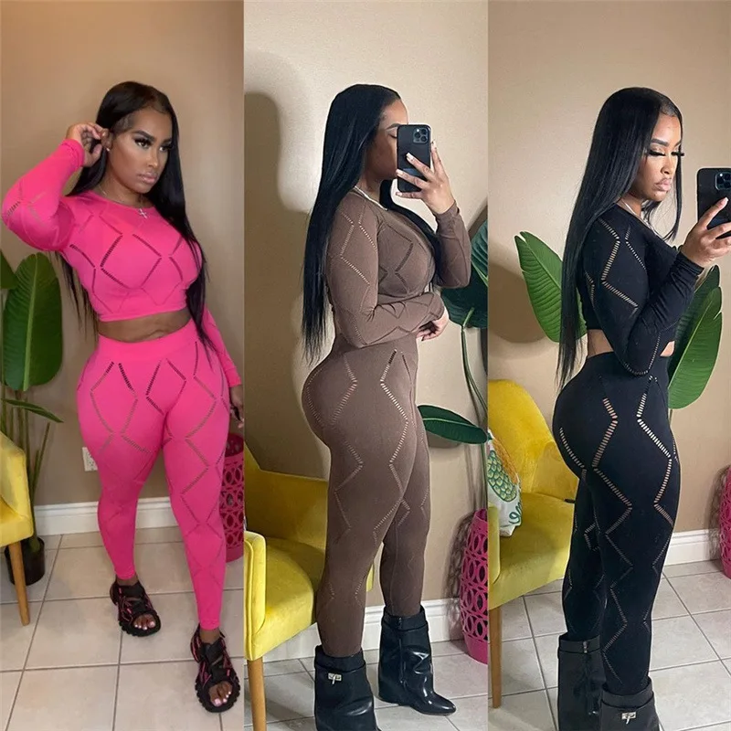Fashion Hollow Out Two Piece Set Women Outfits Solid O-neck Long Sleeve Crop Tops+ Sheath Pencil Pants Lady Street Suits