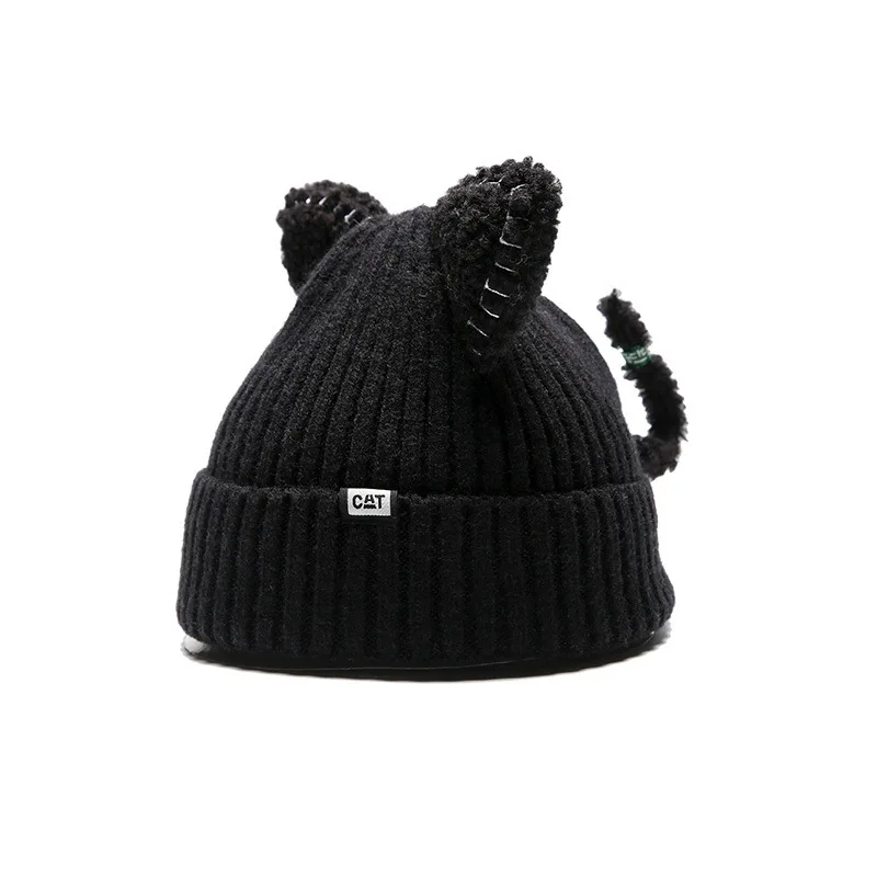 Cute Animal Design Winter Ribbed Knit Hat Cat Ear Beanie For Girls
