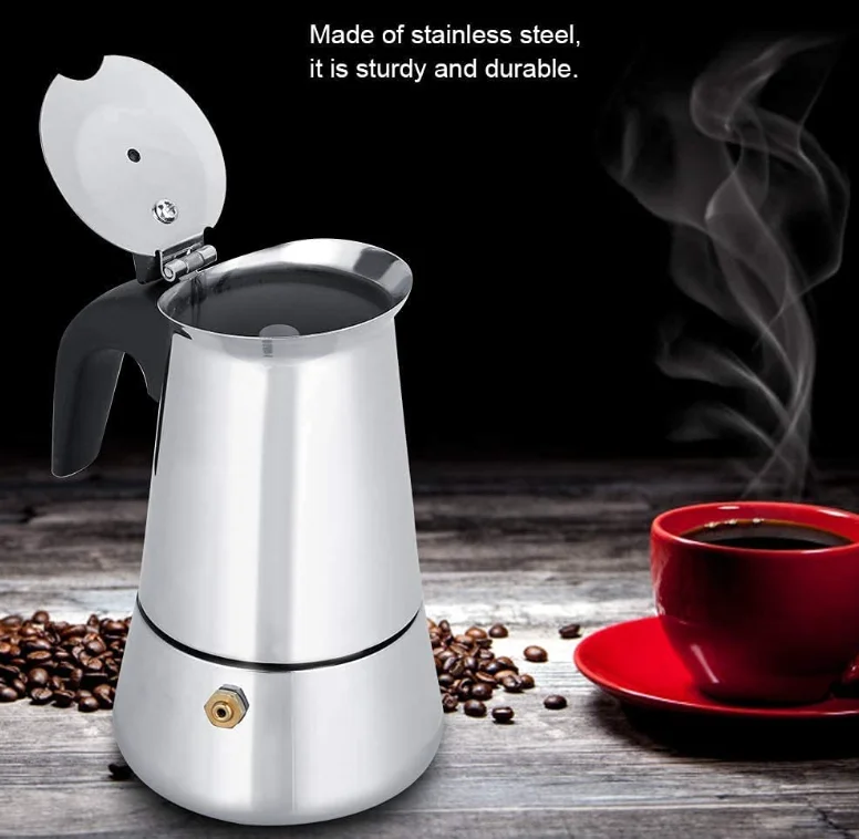 Kingze Custom Logo Stainless Steel Coffee Percolator 2 4 6 9 12 Cups Stovetop Espresso Maker Moka Pot