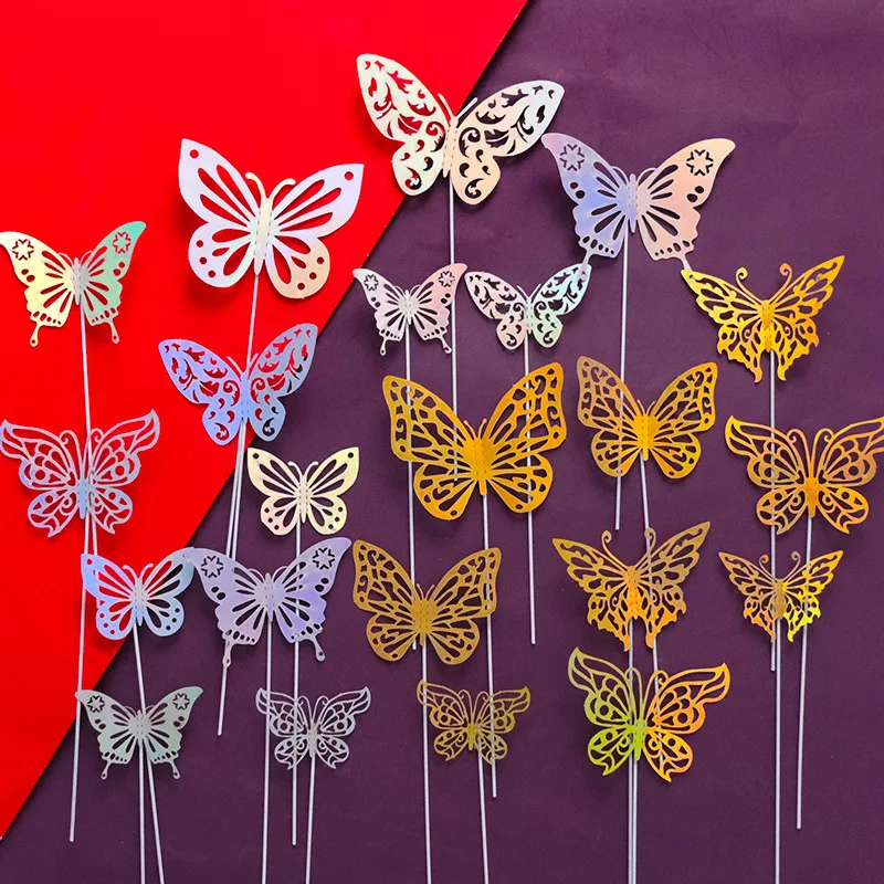 New Arrival 3D Hollow Metal Butterfly Cake Toppers Colorful Gold Silver Design for Birthday Party Cake Decoration