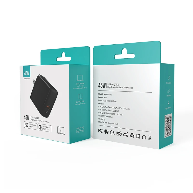 PD2.0 PD3.0 45W wall charger for notebook with US folding plug travel adapter for mobile laptop