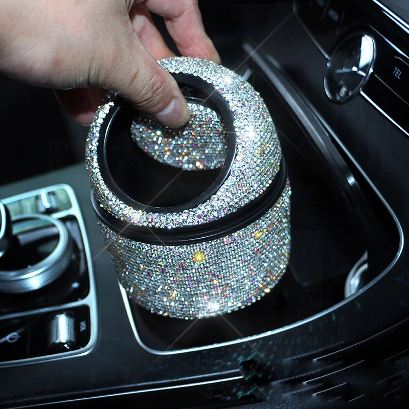 Bling Rhinestone Auto Garbage Can Crystal Car Trash Can Container with Lid Mini Cup Holder Garbage Bin