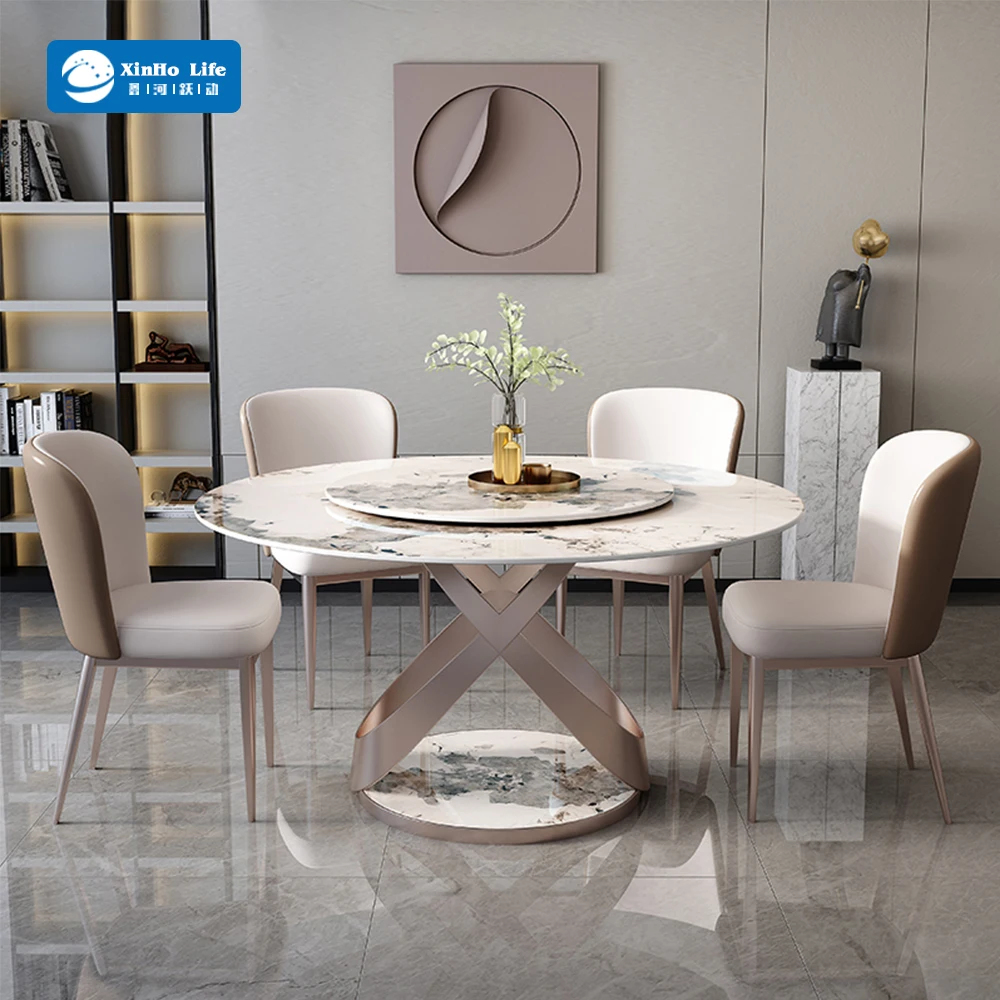 Modern Round Dining Table Set with Gloss Slate Carbon Steel Legs Wholesale Nodric White Turntable Kitchen Room Furniture