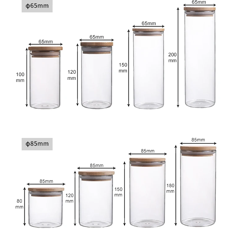 High Borosilicate Refrigerator Use Glass Spice Jar Glass Food Storage Jar With Wood Lid Bamboo Lid