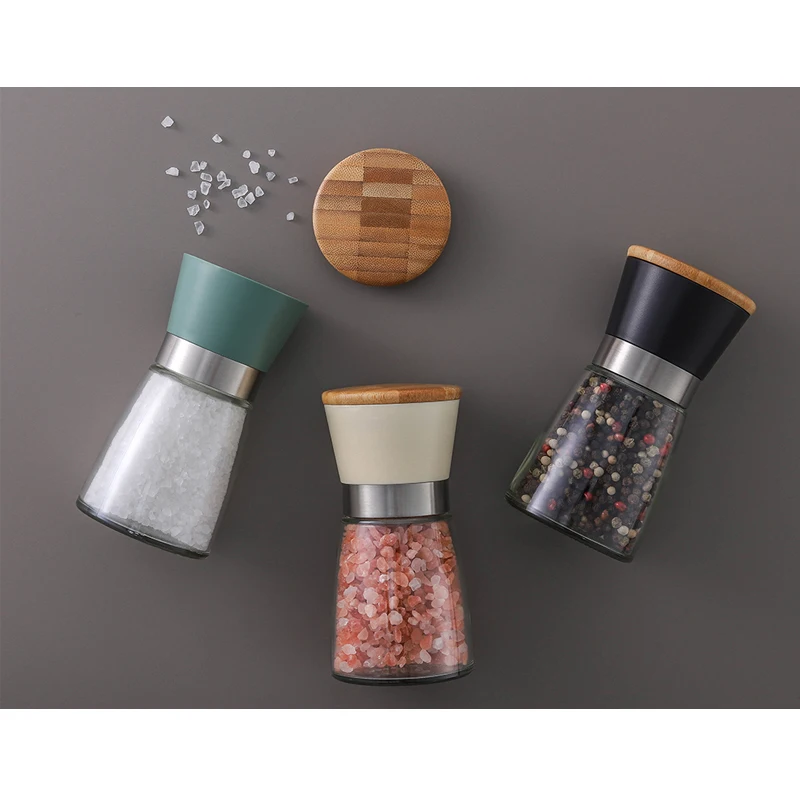Supplier Domestic Manual Glass Bottles Dry Spice Grinder Bamboo Lid  Salt and Pepper spice Grinder with glass jar