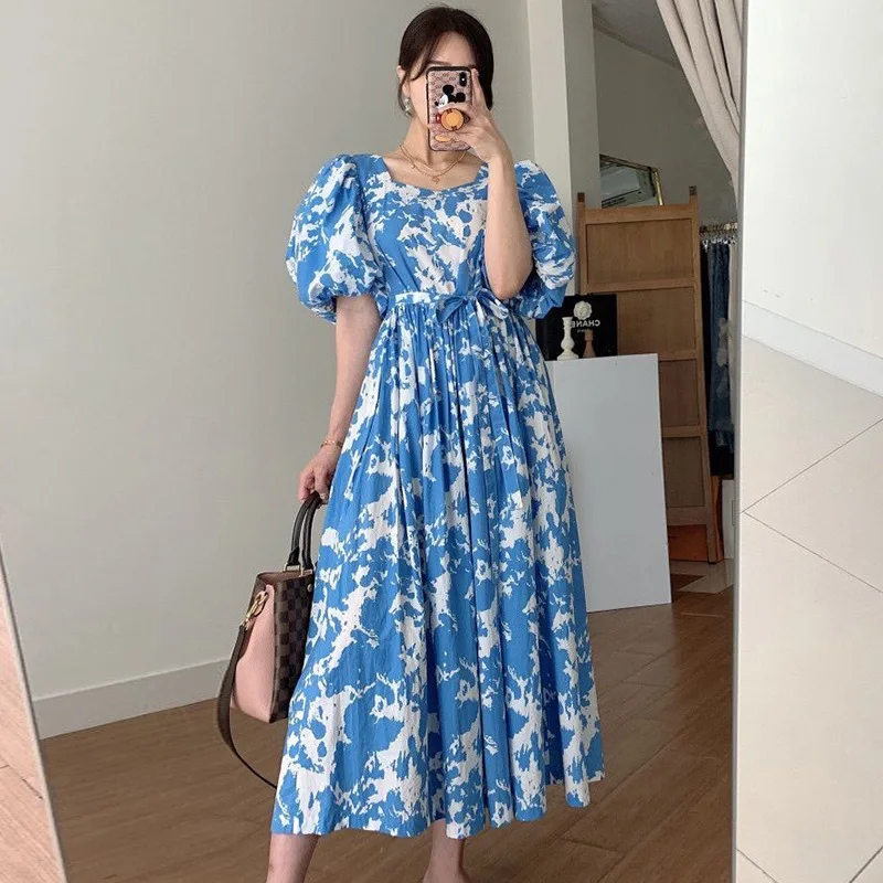 Wholesale korean style vintage fashion fall lanterns sleeve backless women casual loose linen lady Printed floral maxi Dress