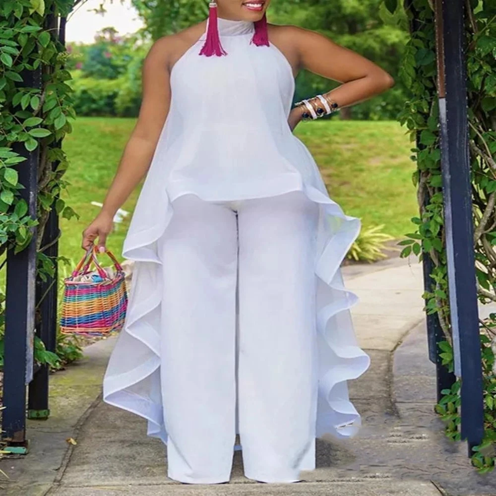 Women Summer White Pant Sets Backless Long Chiffon Blouse Wide Leg Trousers 2 Piece Outfits Elegant Party Vacation Beach Ladies