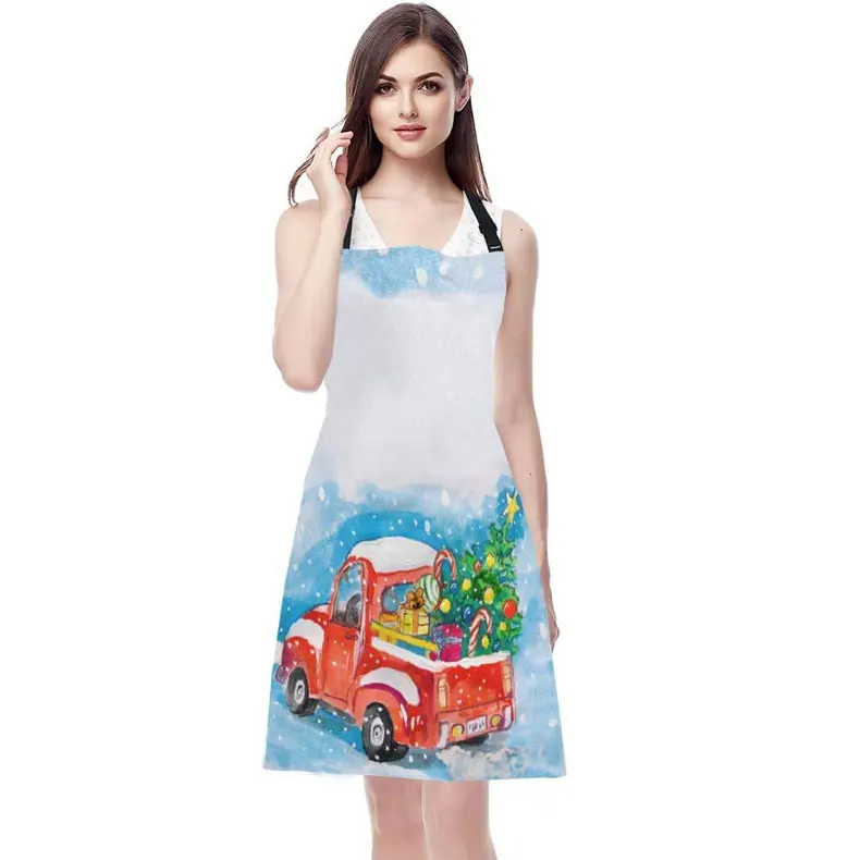 Wholesale Men and Women Merry Christmas Cartoon Car Custom Kitchen Christmas Aprons with Adjustable Neck