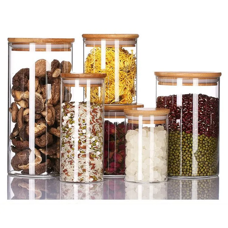 Glass Jars Different Size High Borosilicate Storage Candle Bottles Airtight Clear Food Glass Jar with with Bamboo Lid