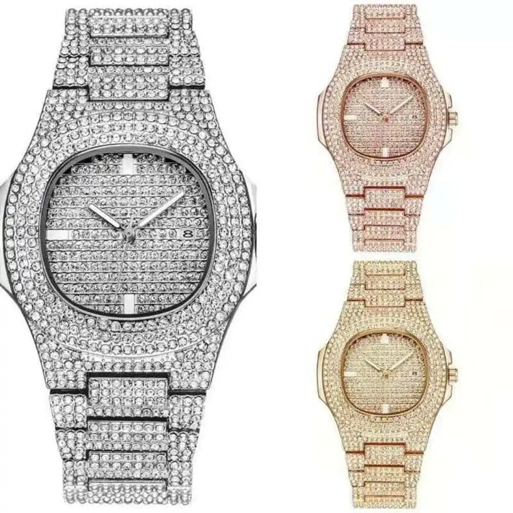 
18K Gold Plated Hip Hop Iced Out Quartz Watch Wrist Watches With Micro CZ Stainless Steel Wristband Clock Hours 
