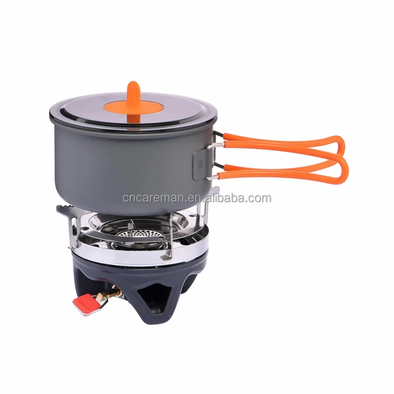 Outdoor Camping Gas Stove Burner, 750ml Aluminum Pot & 400ml Pan Set,Portable Cooking System Multi-fucntional Hiking Backpacking