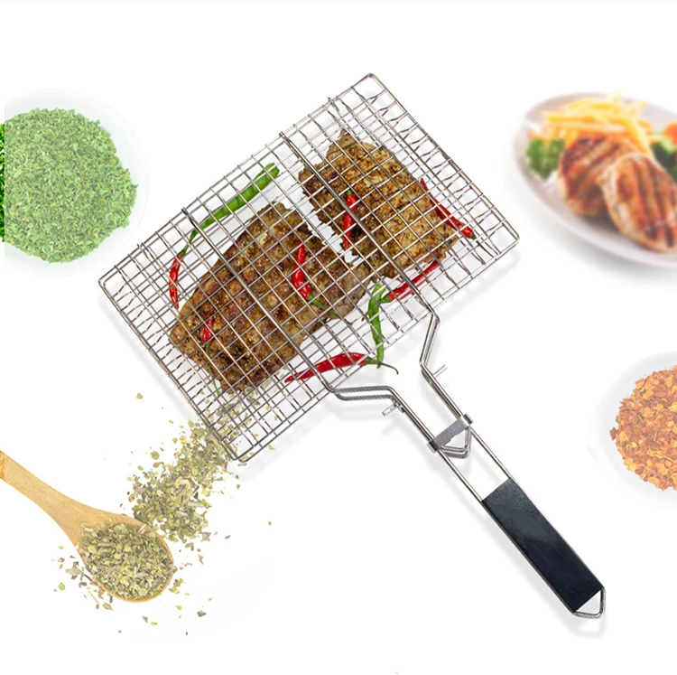 
stainless steel portable bbq grilling basket folding fish grill basket barbecue net with wooden handle 