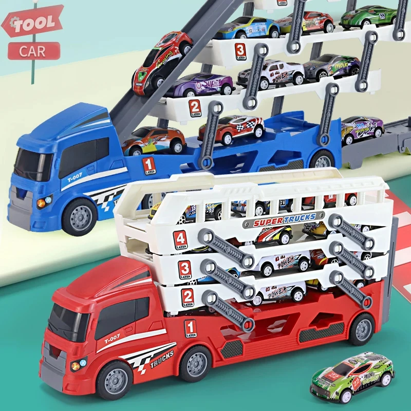 Hot Sale Large Ejection Mini Slide Alloy Container  Engineering Car Multi-Layer Can Receive Blue Racing Car With 6pcs car