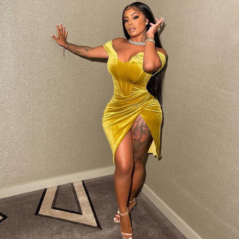 Mainingl Sexy Ladies Dress Off Shoulder Velour Split Club Wear Evening Dresses Women Short Dresses