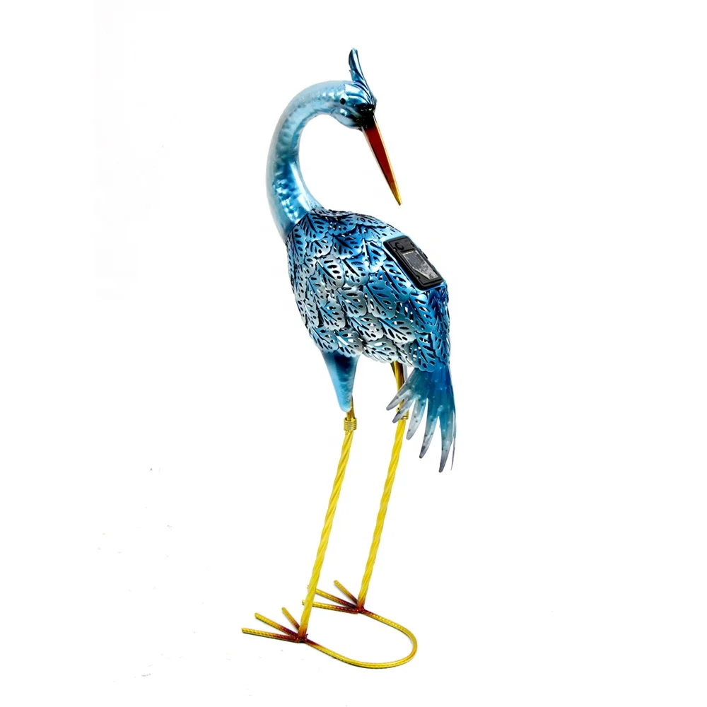 Metal Crane Garden Statue Blue Heron Decoy Metal Birds Yard Art with Solar Lights for Outdoor