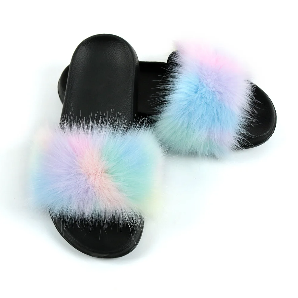  New popular style children fox fur slipper wholesale kids baby slides flops