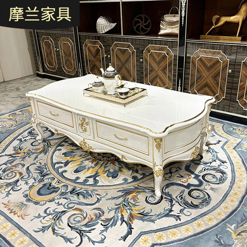 MO LAN French large coffee table European solid wood carved coffee table with drawer coffee table living room furniture