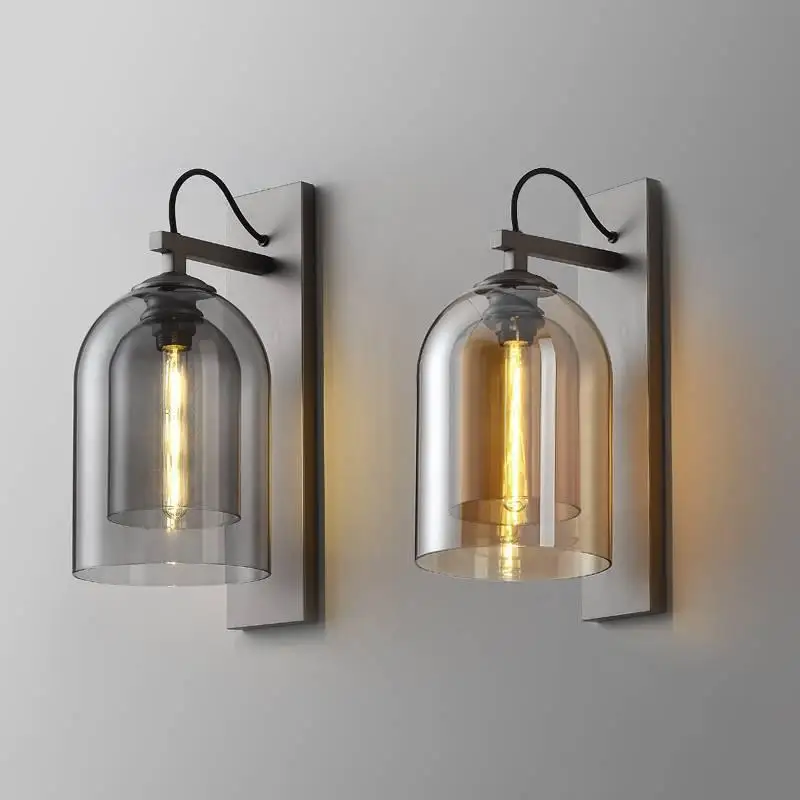 Nordic Simple Creative Bronze Bedroom Bedside Wall Light Aisle Stairs Living Room Amber Glass Wall Lamp