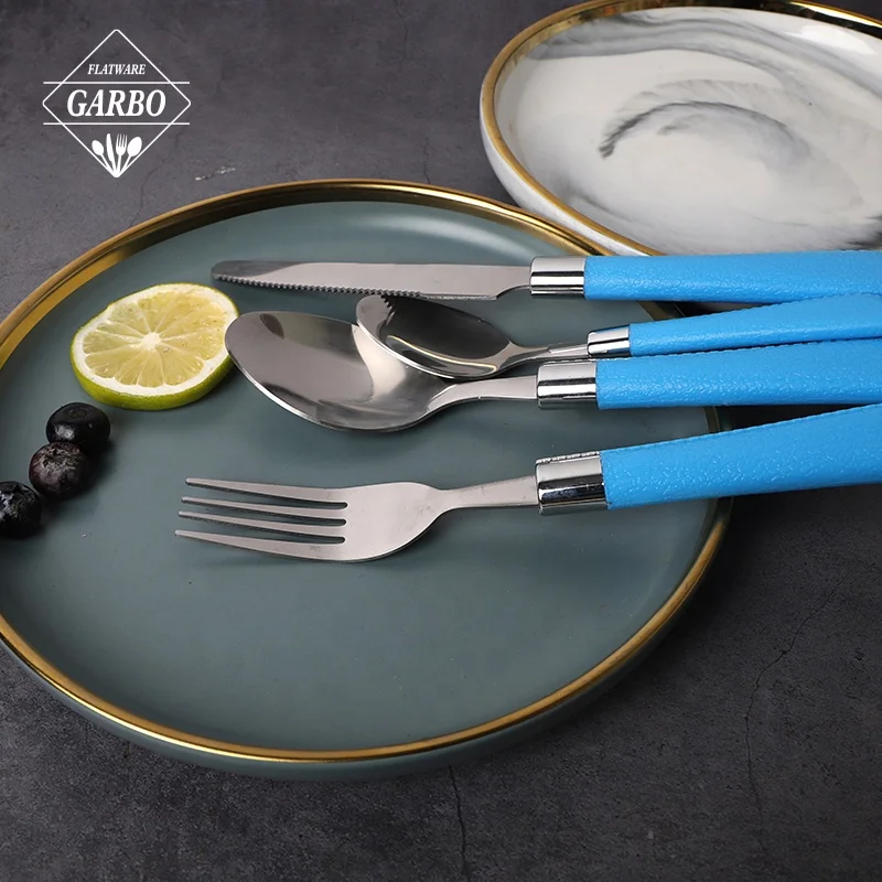 Shiny Mirror Flatware Set Blue Plastic Handle Dinner Knife Stainless Steel Silverware Set Hot Selling Modern Dinner Knife Set