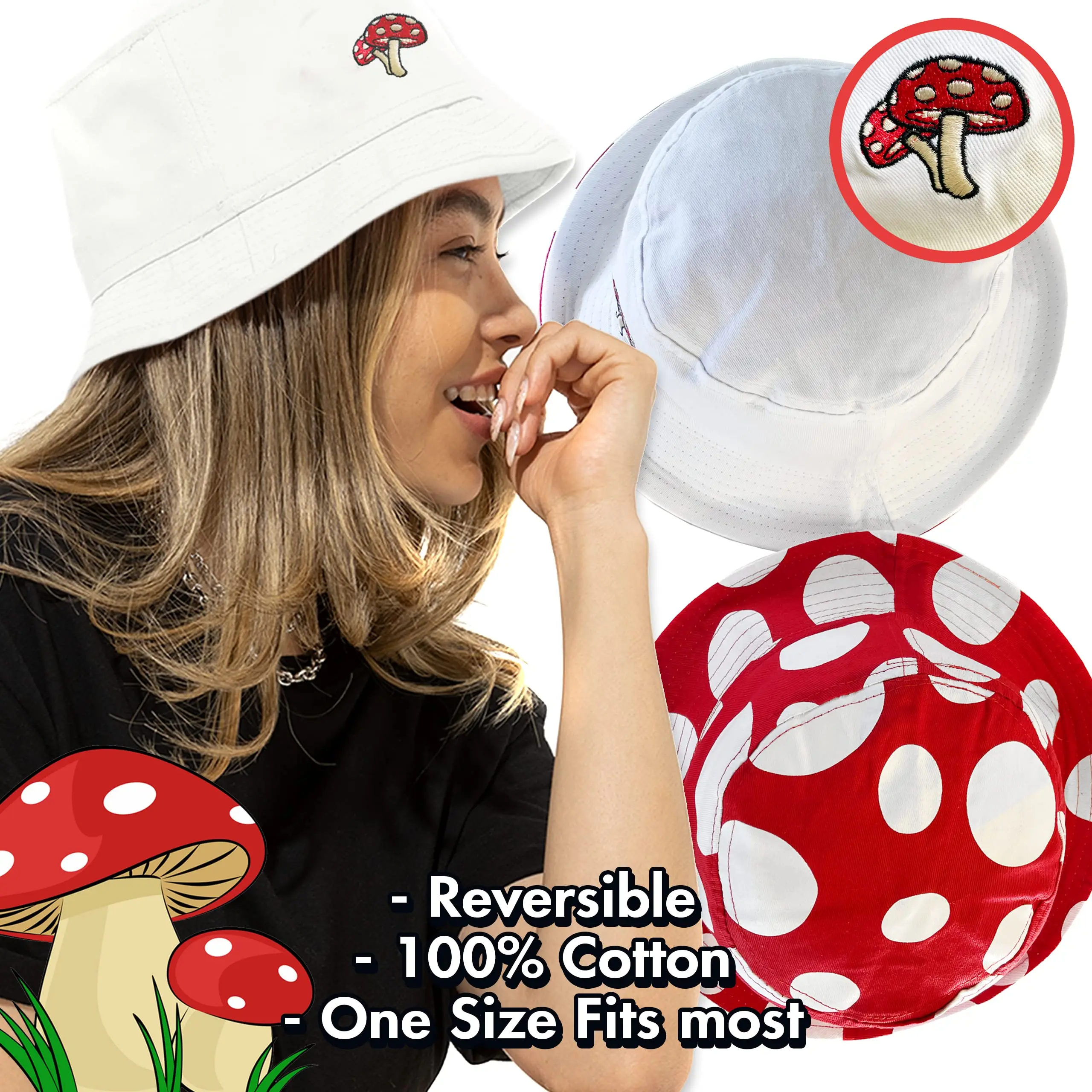 Unisex Print Double-Side-Wear Reversible Outdoor Hot Fun Summer Beach mushroom bucket hat