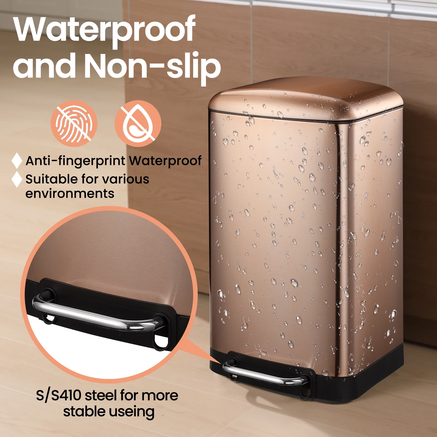 Jili Designs High Quality Stainless Steel Waste Bin Champagne Colour with Lid Pedal 30L Trash Can For home kitchen living room