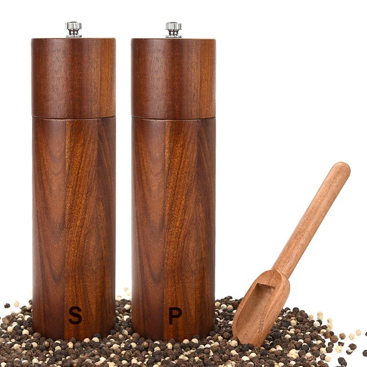 Household Kitchenware Acacia Wood Spice Mill Manual Salt Pepper Grinder Set With Spoon