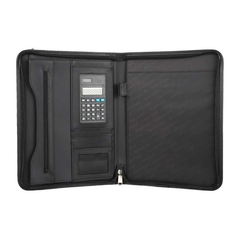 Zipper Document Padfolio Folder Black Business Zippered PU Leather A4 Documents Padfolio Portfolio Folder with Calculator