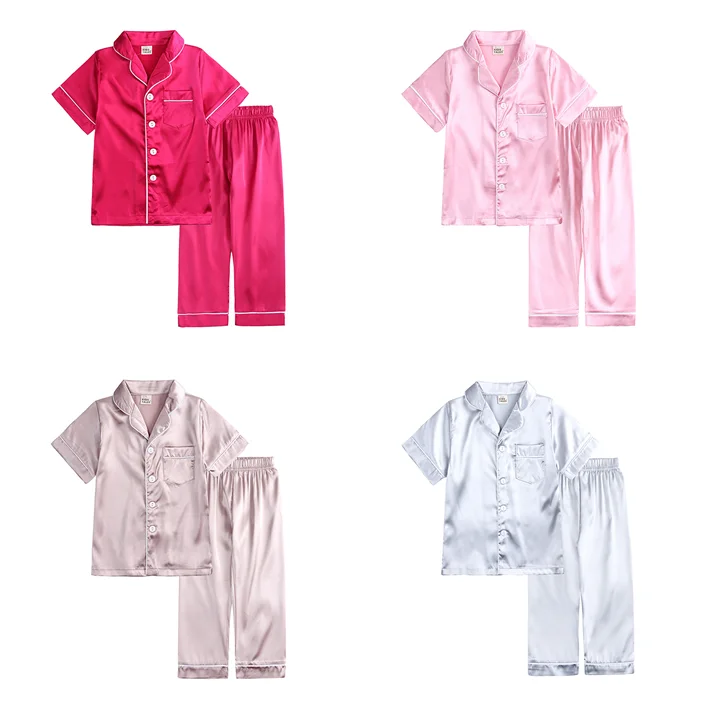 
Summer Short Sleeve Turn Down Collar 2021 Children Silk Imitation Boys Girls Baby Pyjamas Two Pieces set Kids Home Wear 
