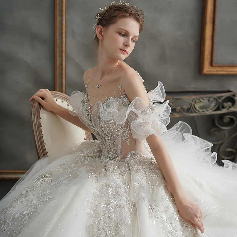 wedding mermaid luxury dress Pearl Beaded Princess long dress wedding Medium Puffy Sleeve wedding dress floral