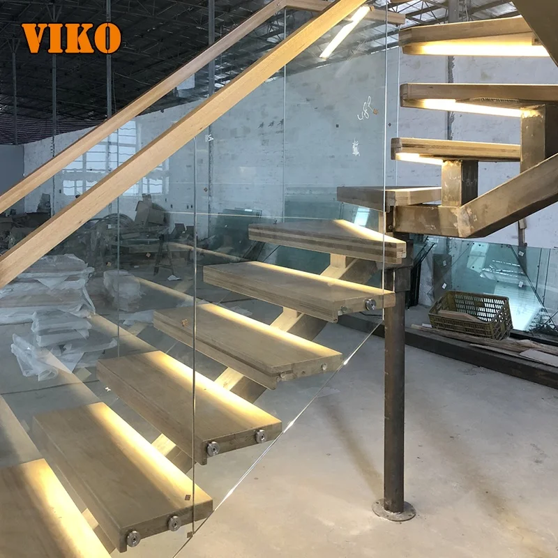 VIKO 2023 New Design Wood Tread Mono Stringer Staircase With LED Lights