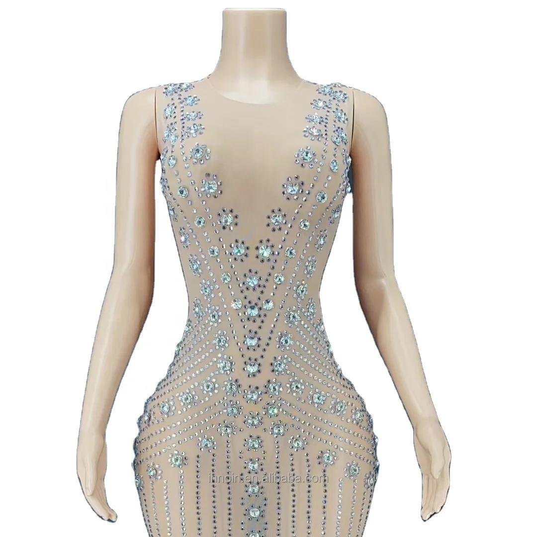 INNOIN Shining Rhinestone Tassel Dance Costume Sexy Women Elastic Mesh Net Perspective Crystal Dress Singer Dancer Stage Wear Ou