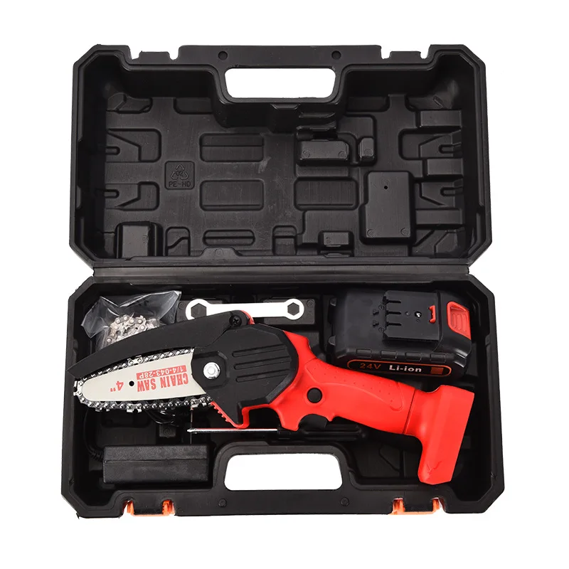 4 inch 24V Lithium Battery Handheld Electric Mini Chainsaw, Cordless Portable Wood Cutter Chain Saw