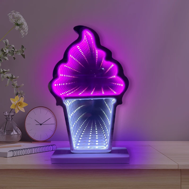 Dropshipping Manufacturers Ice-cream led Double-mirror Sign Logo 3D Neon Mirror NO MOQ Dropshipping Neon Sign