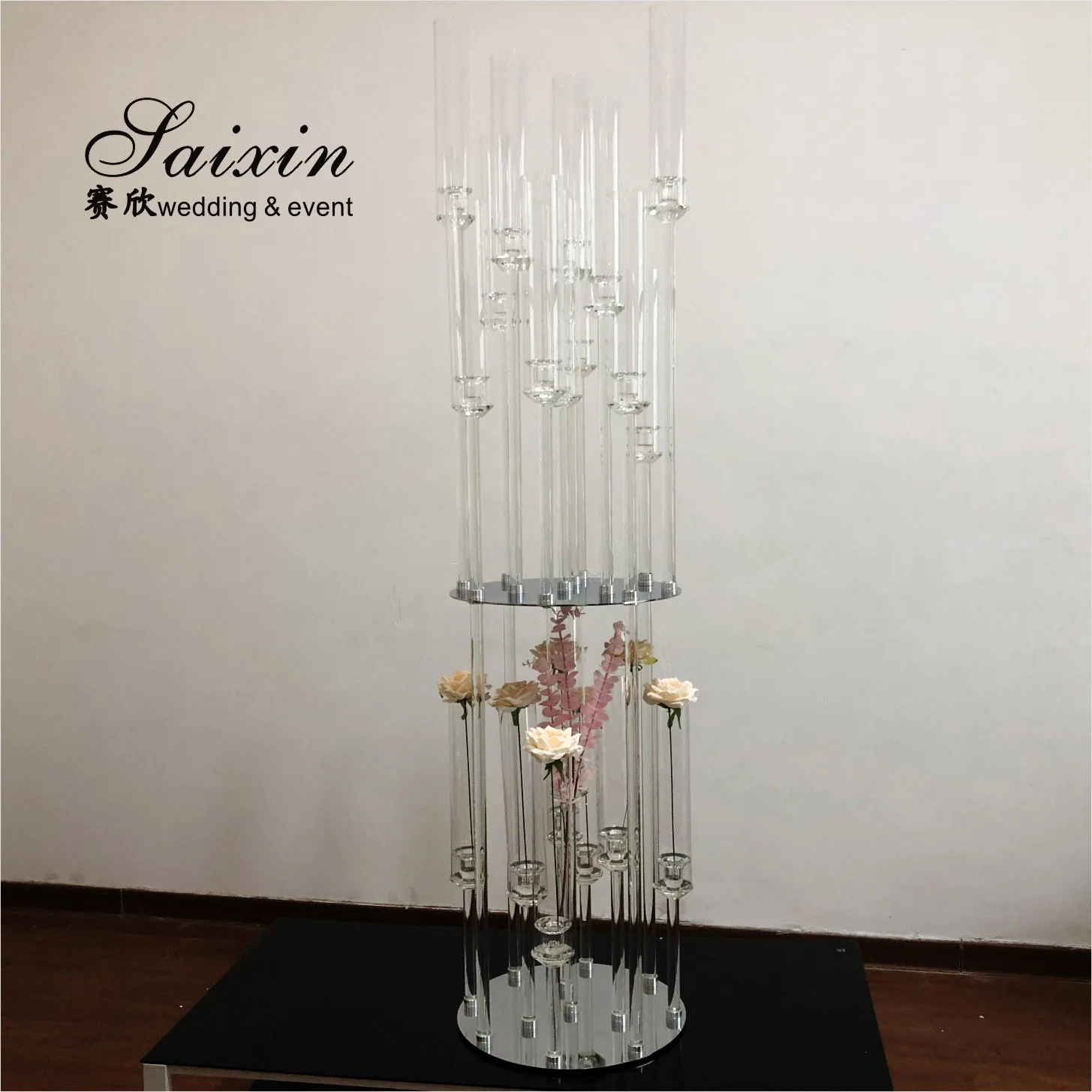 ZT-528C glass tall etched Hurricane candlestick crystal double layer candle holders for large wedding