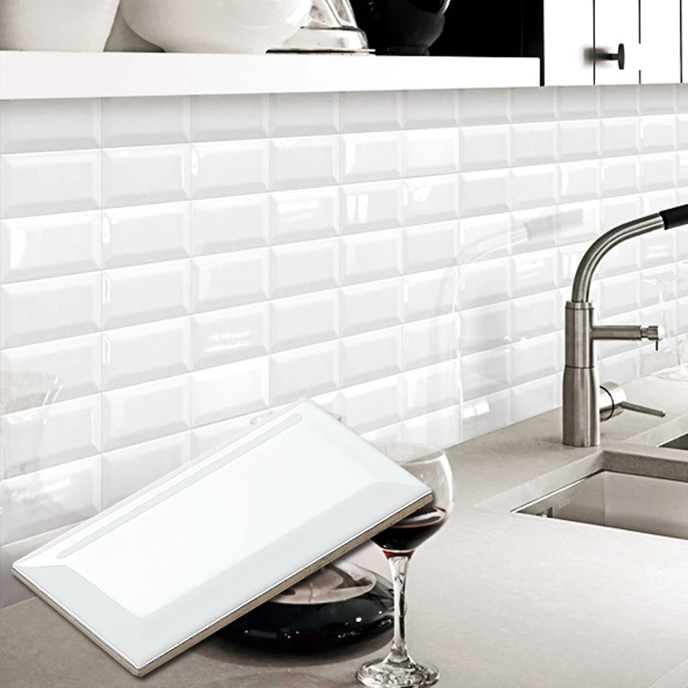 Faux 4x8 Ice White Beveled  Herringbone Subway Tile Kitchen Shower Sheets  White Bevel