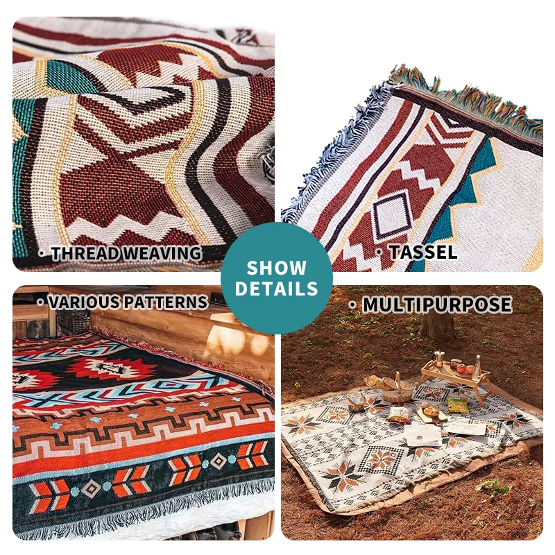 Unique Design Knitted Thick Blanket Tassel Sofa Throw Blanket Picnic Mat Camping Blanket