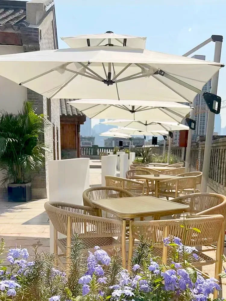 rattan synthetic outdoor restaurant garden rattan wood bistro table and chairs and umbrella