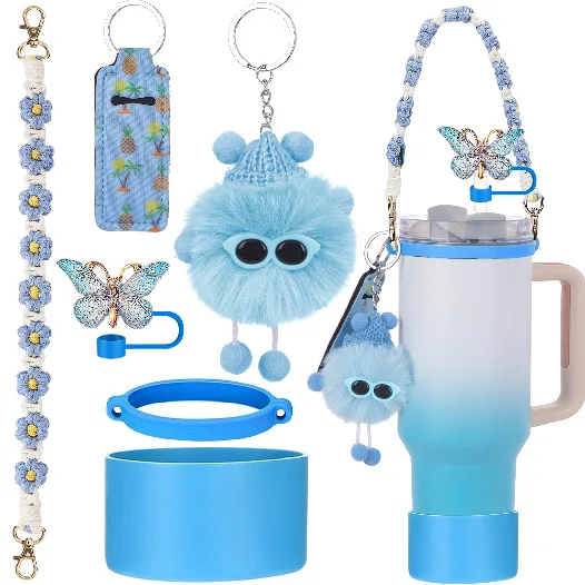 8 pcs Pompom Keychain Charm Tumbler Accessories Set Straw Topper Silicone Tumbler Boot Hearts Keychain Charms Lipstick Holder