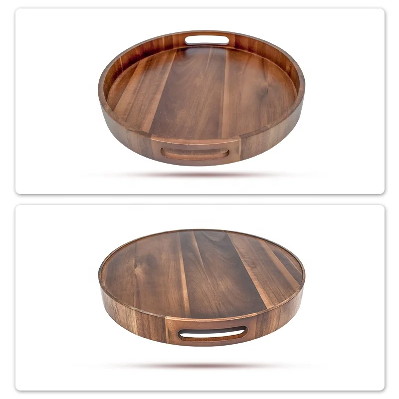 Factory Price custom acacia round wood food tray wooden serving tray with handle