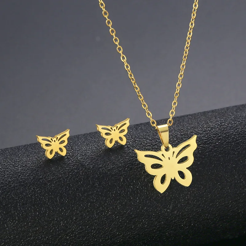 Heart  Rose Flower Snowflake Butterfly Wing Cat Stainless Steel Sets For Women Coconut Tree Star Pig Necklace Earring Set