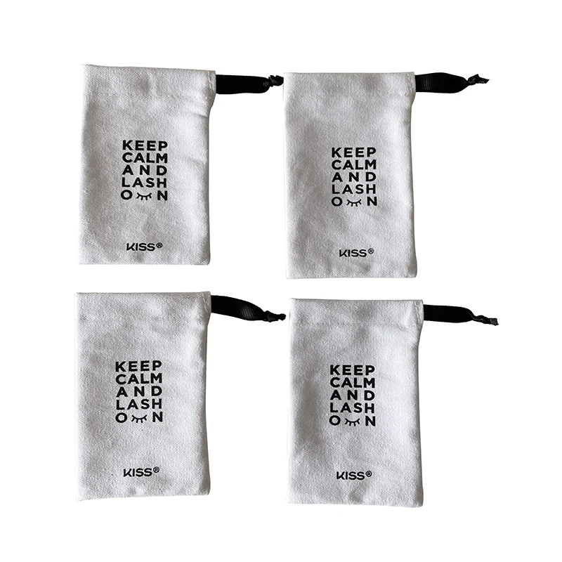 Custom Logo High Quality 9X14CM White 10OZ Cotton Eyelashes Bags With Ribbon drawstring