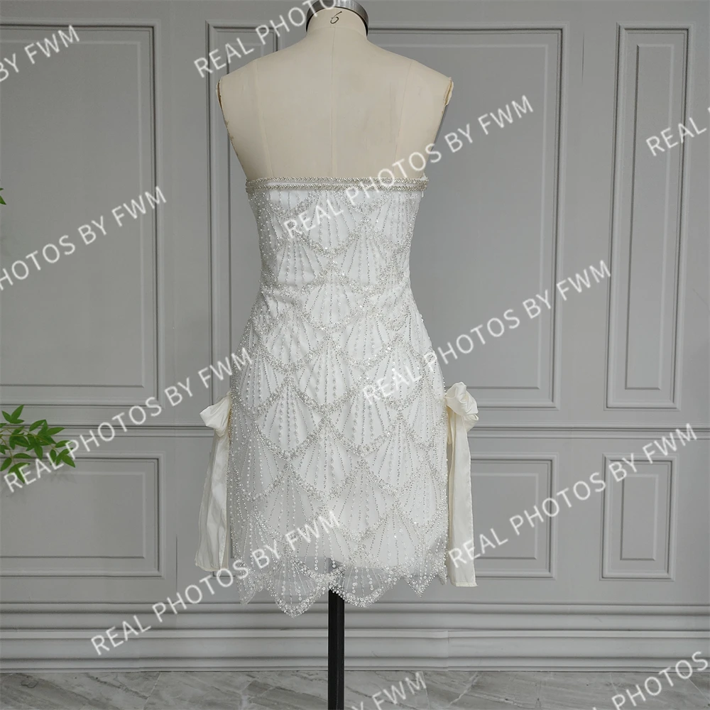 100% Real Photos High Quality Strapless Beaded Lace Mini Wedding Dress With Bow Elegant Sequins Bride Party Dress For Women 2025