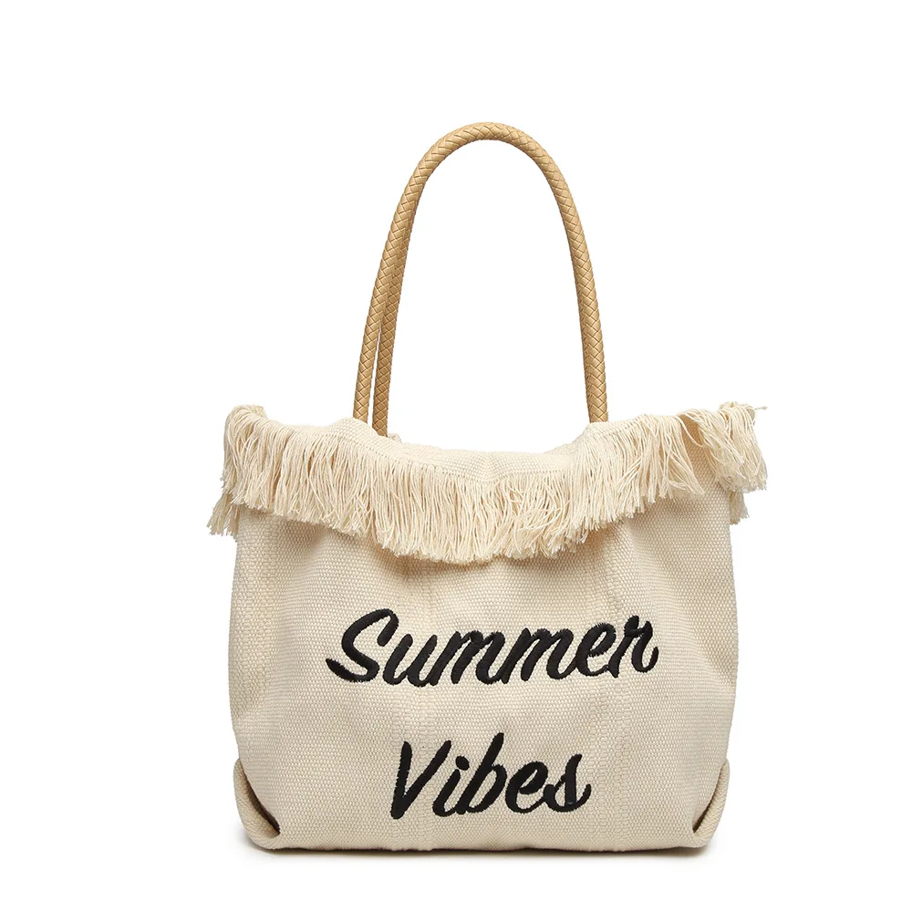 Large Burlap Beach Tote Bag for Women Summer Vibe Shoulder Bag with Tassels Aesthetic Handbag for Vacation Holidays