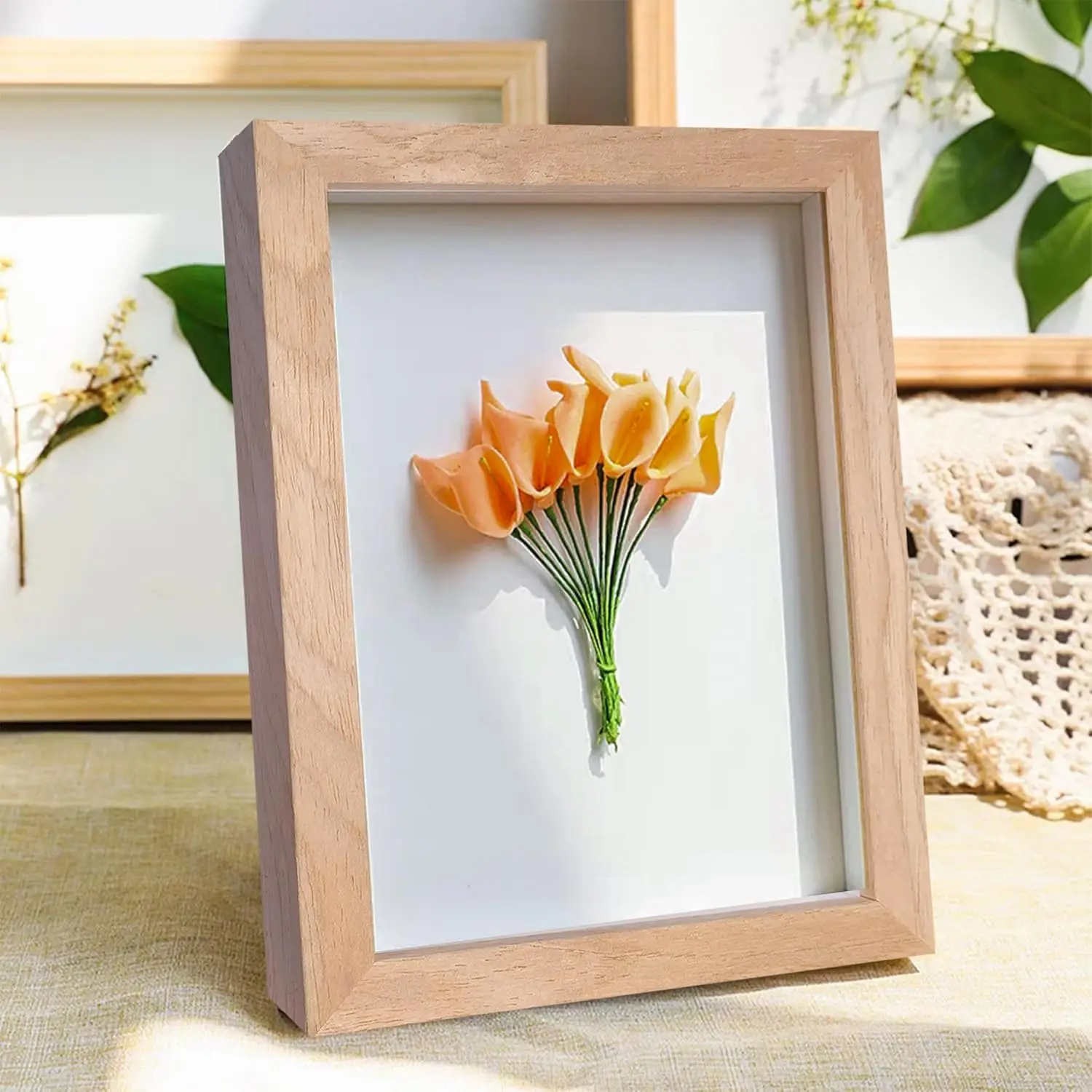 12.7 x 17.78cm Natural Wood Picture Frame 4-Piece Eyeshadow Box with Glass Surface 1.52cm Internal Depth for Walls & Desktops